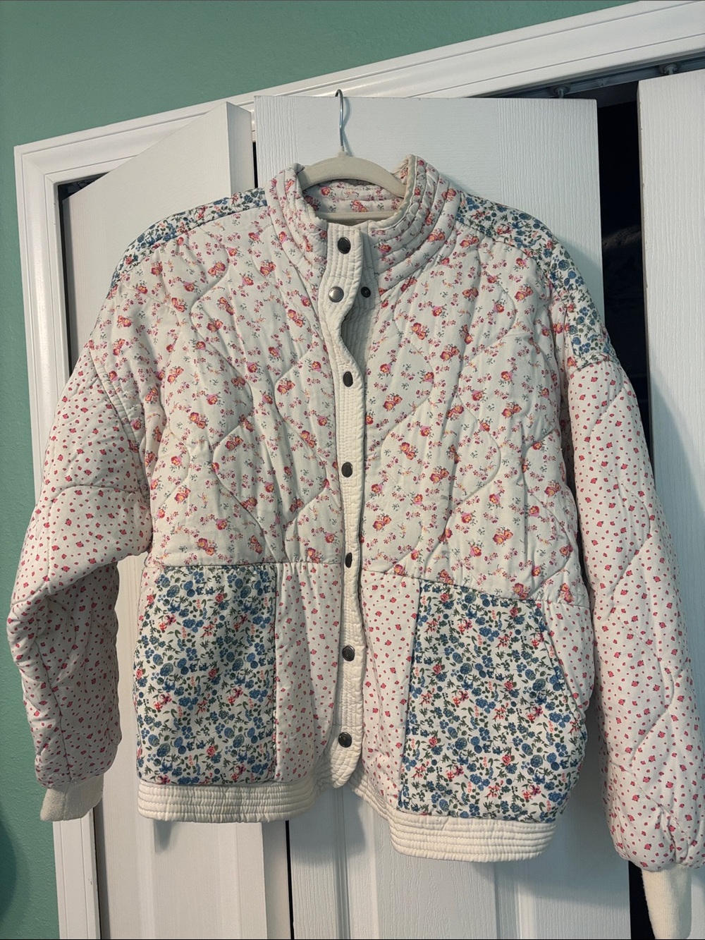 Blank NYC Cream Quilted Floral Patchwork Puffer Jacket